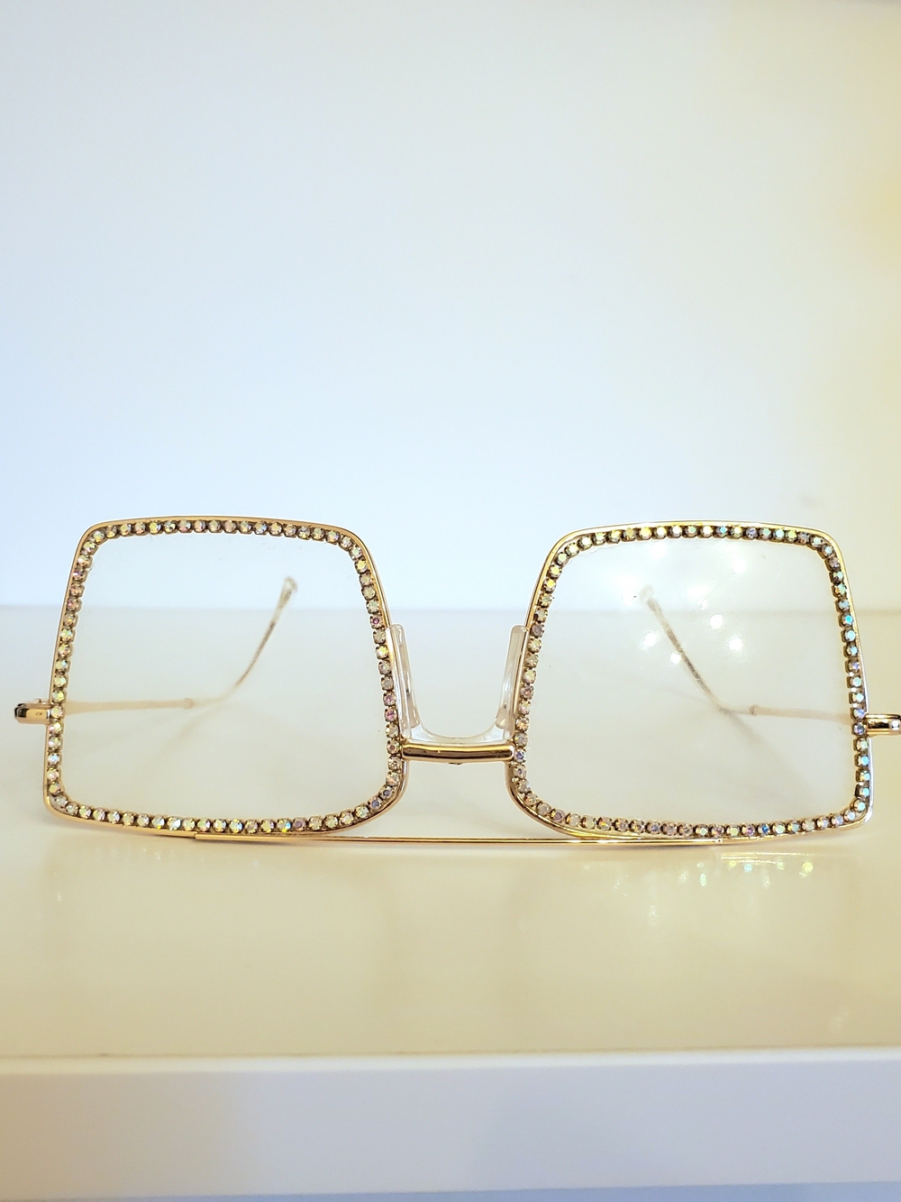 Gold Square Iridescent Rhinestone Rim Women's Glasses No Rx - Picture 2 of 3